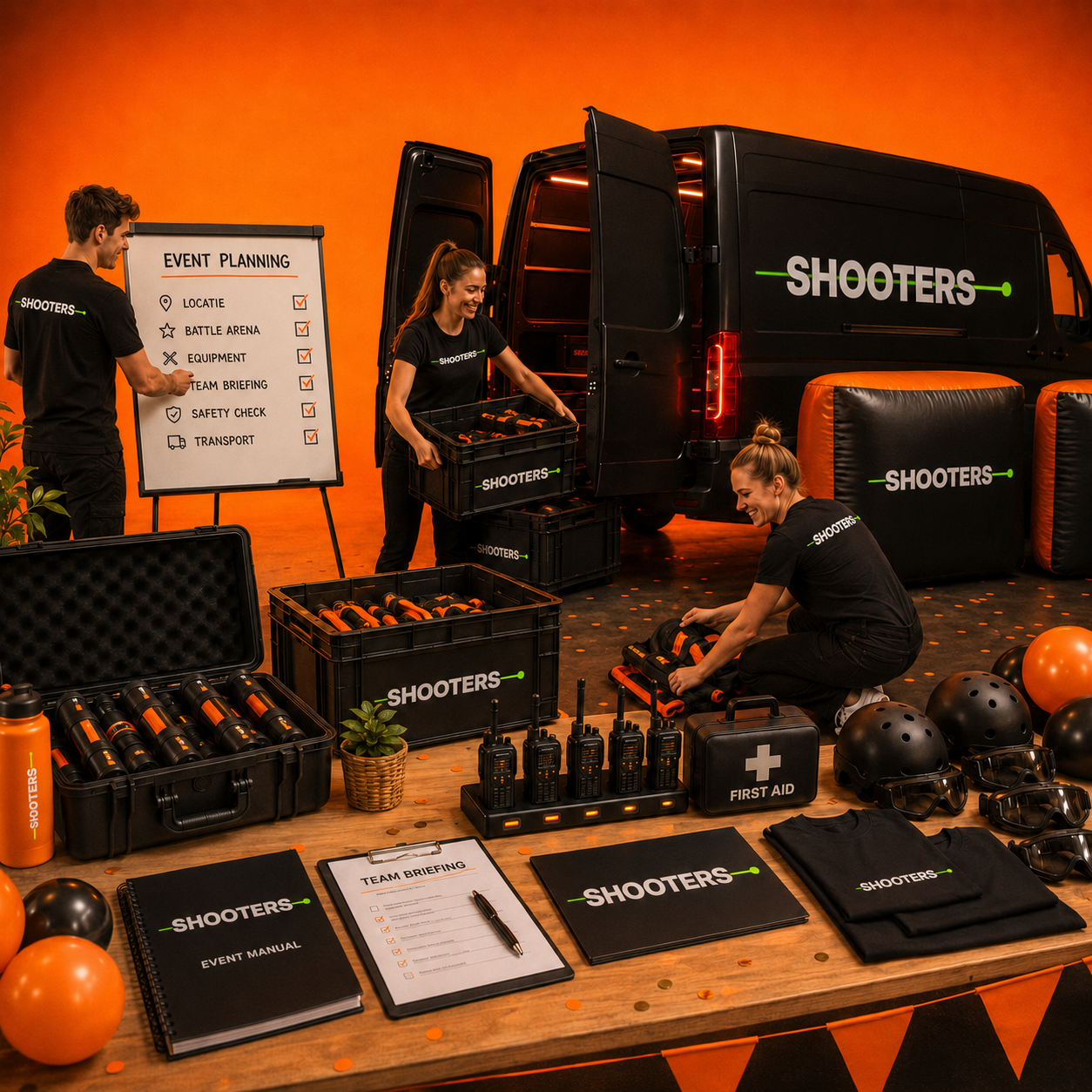 Shooters-team bereidt het materiaal voor het event voor