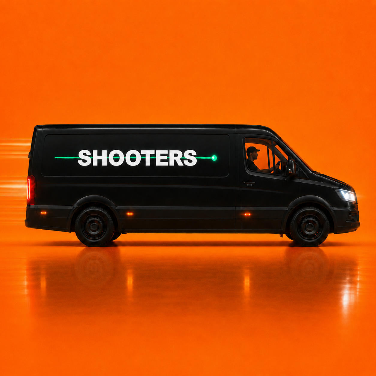 Shooters-bestelwagen onderweg naar het event
